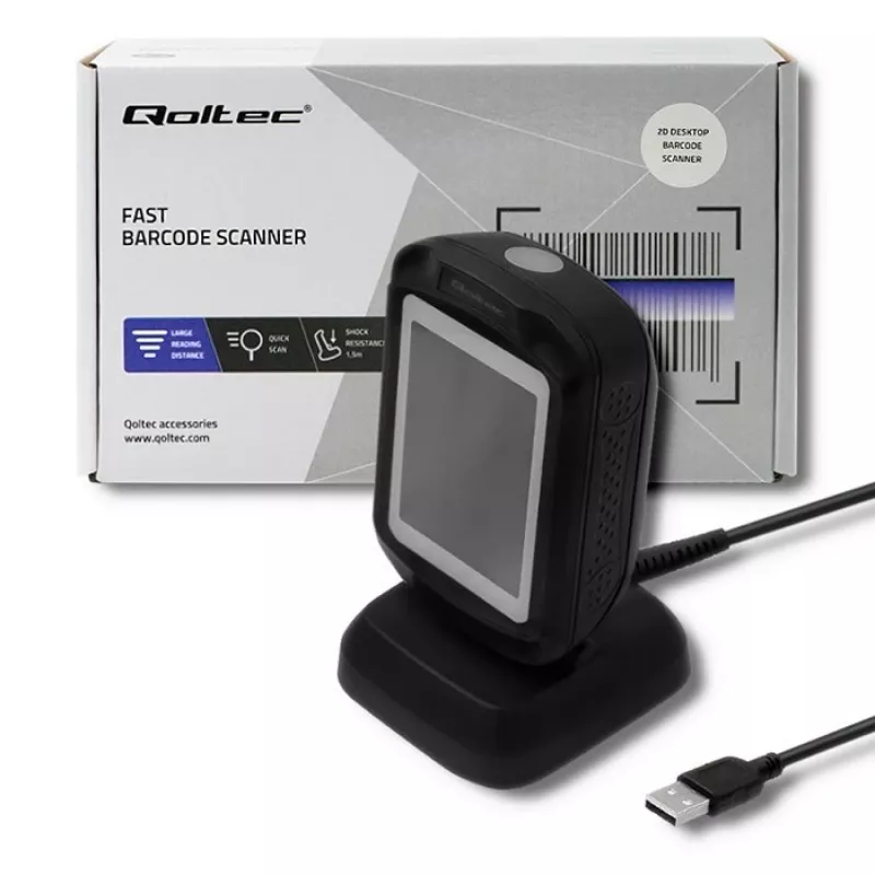 Fiksēts 1D/2D svītrkodu lasītājs QOLTEC 50864, LED sensors, USB vadu savienojums, melns, 145×85×80 mm