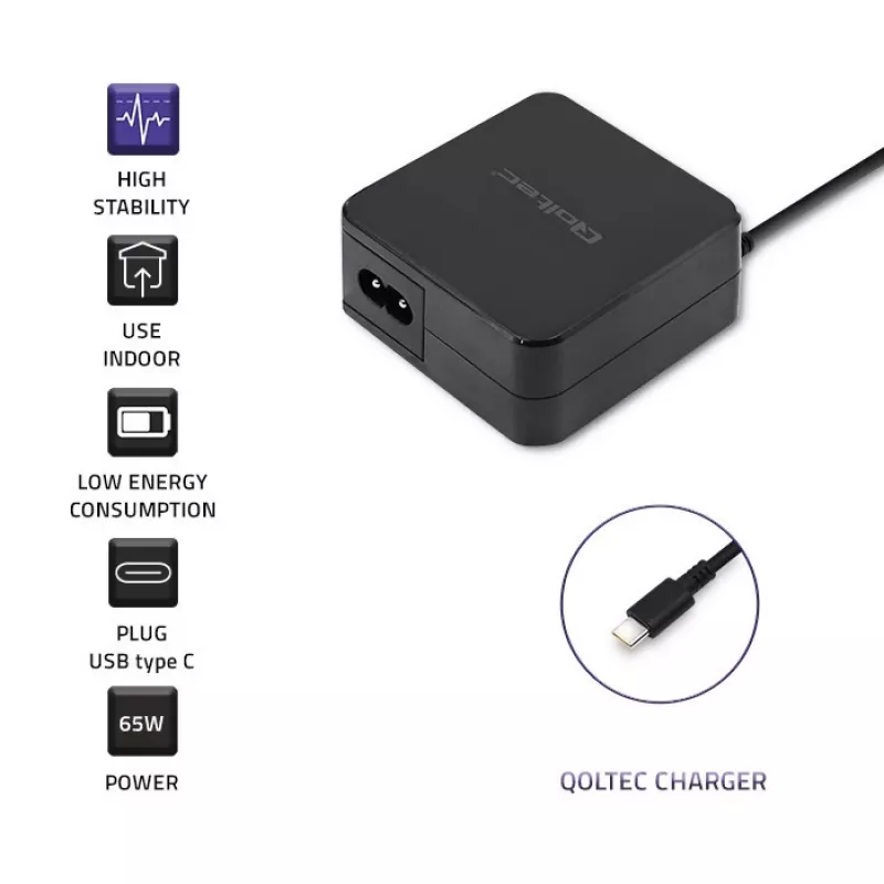 Qoltec 51027 Lādētājs | 65W | 5-20.3V | 2-3.25A | USB Type-C | PD