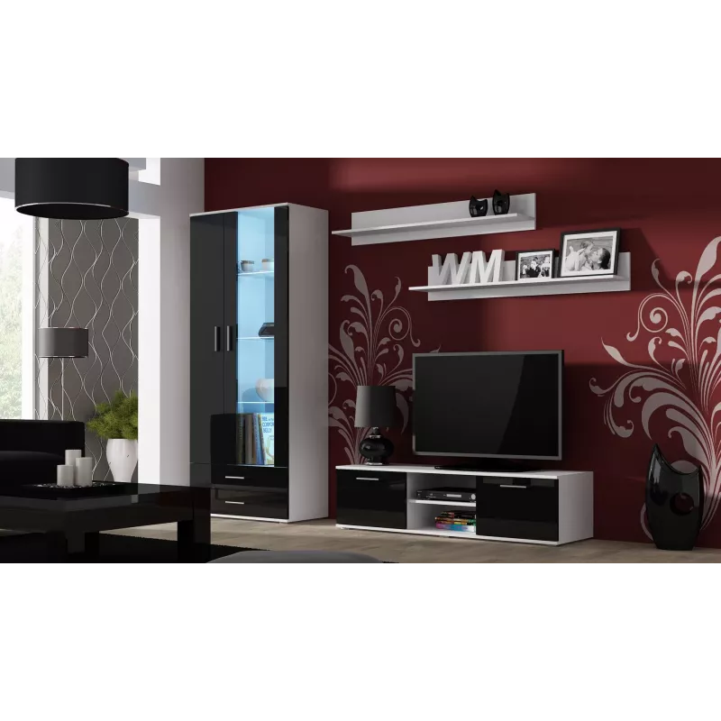 TV statīvs cama meble SOHO 140 — 1400×430×370 mm, balta virsma, skaidu plātne, balts rāmis, melnas spīdīgas fasādes