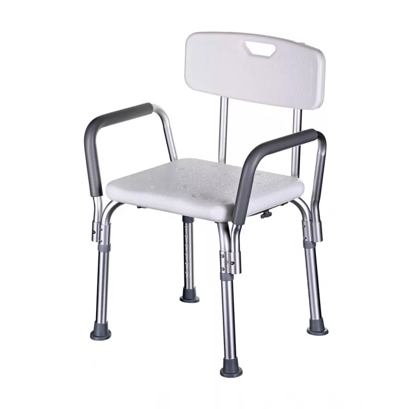 Dušas krēsls ActionMed KP300AM ar atzveltni un roku balstiem, polipropilēns, regulējams augstums 43–56 cm, sēdeklis 40×33 cm, maksimālais lietotāja svars 110 kg