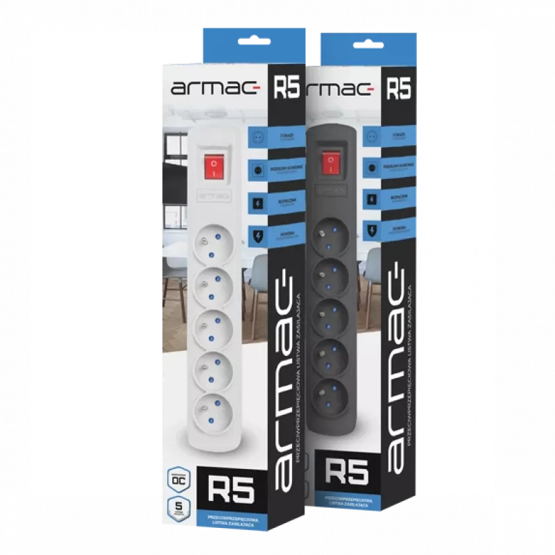 Elektrības sadalītājs ARMAC R5 — 5 kontaktligzdas, 5 m kabelis, melns