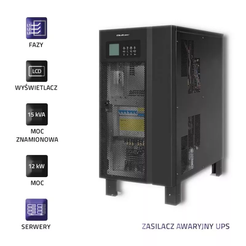 Nepārtrauktās barošanas avots QOLTEC 53949 3 fāžu 15 kVA 12 kW ar LCD