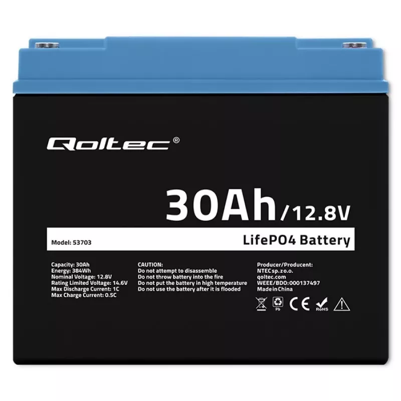 Uzlādējama LiFePO4 baterija QOLTEC 12.8V 30Ah 384Wh ar BMS