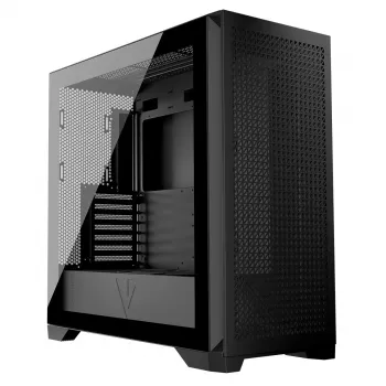 PC korpuss MODECOM VOLCANO EXPANSE T Midi Tower, rūdīts stikls, USB-C, atbalsta micro ATX, GPU līdz 430 mm, CPU dzesētājs līdz 180 mm, 3x3,5 collu nodalījumi, 2x2,5 collu, melns