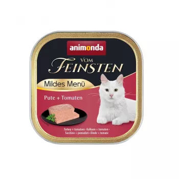 Mitrā kaķu barība animonda Vom Feinsten Turkey + Tomatoes Mild Menu 100 g paplāte — pieaugušiem kaķiem, 11,2% olbaltumvielu, 5% tauku, 81% mitruma