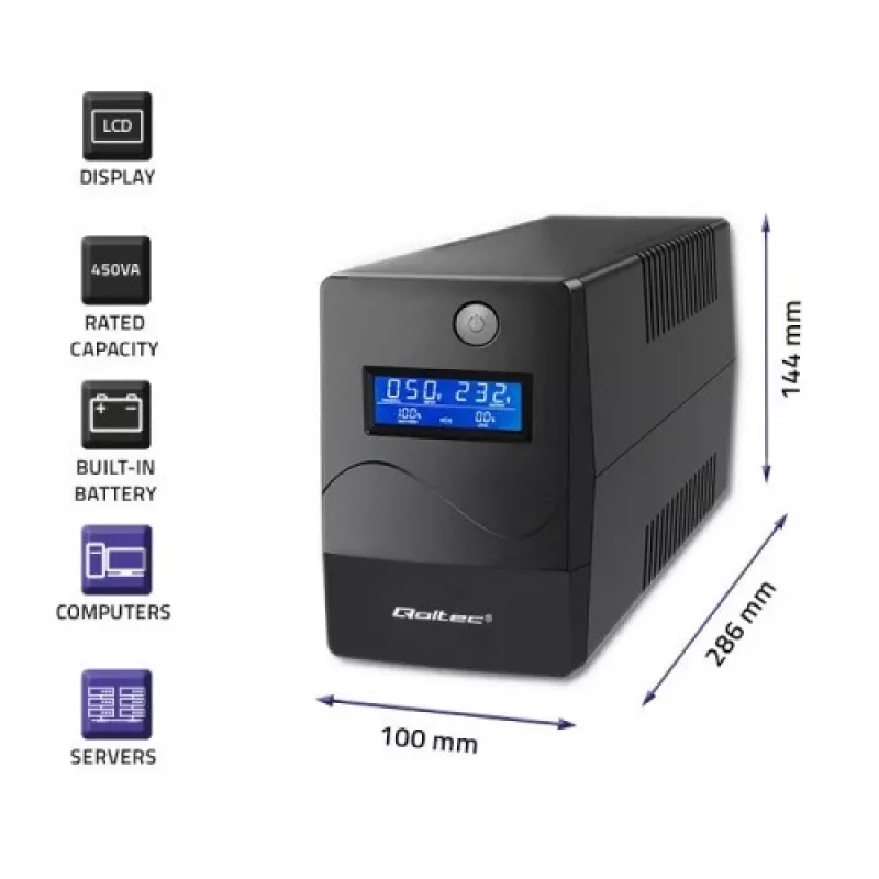 Qoltec Monolith nepārtrauktās barošanas avots (UPS) Double-conversion (Online) 1 kVA 600 W 2 AC kontaktligzdas
