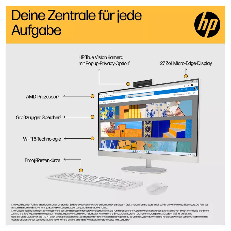 HP 27-cr0471ng - Viss-vienā (pilnīgs risinājums) - Ryzen 7 7730U - RAM 16 GB - SSD 512 GB - NVMe - Radeon Graphics - 1GbE, Wi-Fi 6, Bluetooth - WLAN: 802.11a/b/g/n/ac/ax, Bluetooth