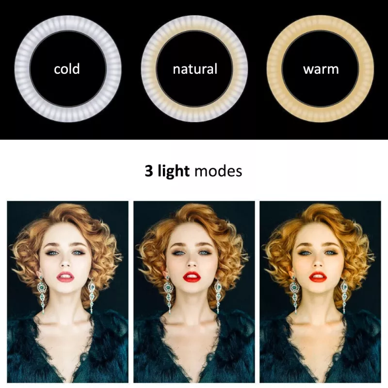 Maclean MCE610 10 12W LED gredzena gaisma ar statīvu un Bluetooth slēdzi, 3 krāsas, 10 spilgtuma līmeņi, 10%–100% regulējams spilgtums, 160 LED, viedtālruņa turētājs, apgaismojuma gaisma