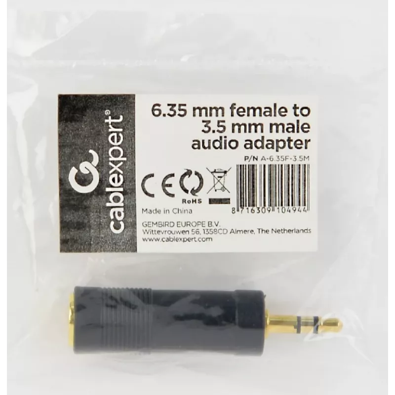 Cablexpert 6,35 mm sieviešu uz 3,5 mm vīriešu audio adapteris | A-6.35F-3.5M