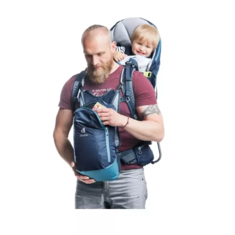 Bērnu nēsāšanas mugursoma Deuter Kid Comfort Pro, zila, poliamīds, maks. 22 kg, saulessargs, sānu kabata