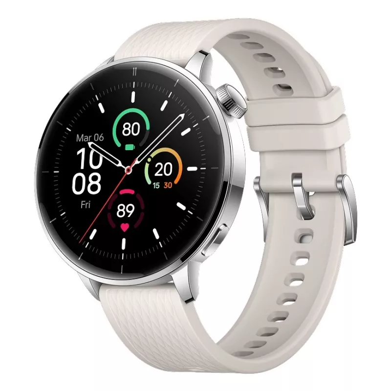Viedpulkstenis ONEPLUS OnePlus Watch 3 43mm, 1.32 collas AMOLED 466×466, titāna/sudraba korpuss, balta gumijas siksniņa, GPS, Wi‑Fi