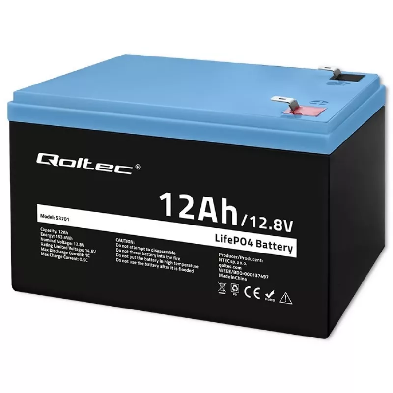 Qoltec LiFePO4 litija dzelzs fosfāta baterija 12,8 V 12 Ah 153,6 Wh ar BMS