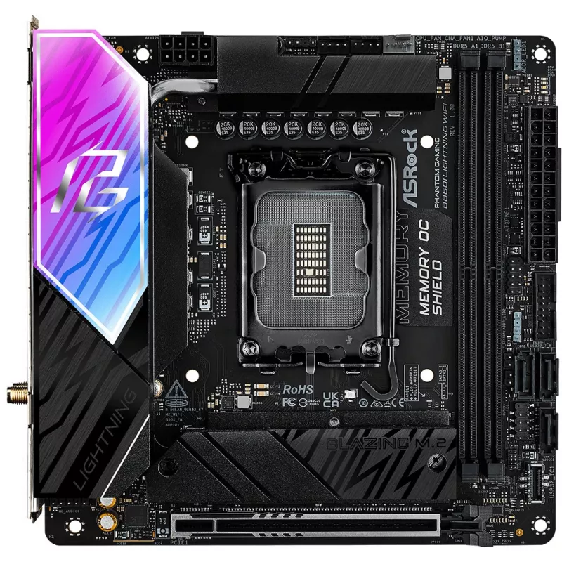 Mātesplate ASROCK B860I Lightning WiFi — Intel B860, LGA 1851, Mini-ITX, DDR5, 2x DIMM, 4x M.2, 2.5Gb LAN, Wi‑Fi 6E, Bluetooth 5.3