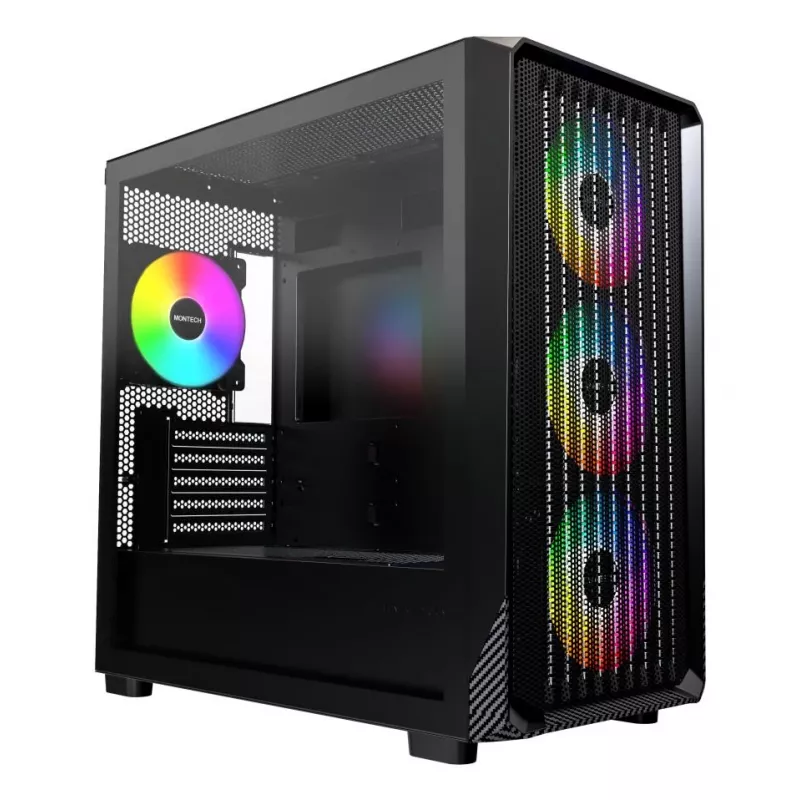 Montech X5M (B) Micro Tower PC korpuss — Micro‑ATX/Mini‑ITX, 3x120mm priekšā, 1x120mm aizmugurē, atbalsta ATX barošanas bloku, 2x3.5 collu + 4x2.5 collu, Melns