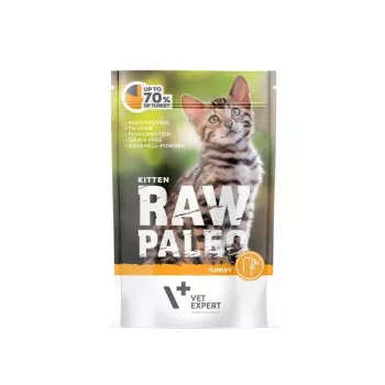 Mitrā kaķēnu barība VETEXPERT RAW PALEO Kitten Turkey 100 g — monoproteīns, 79% mitrums, 10,3% olbaltumvielas