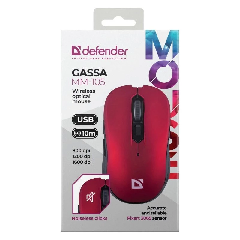 Bezvadu RF klusā pele DEFENDER Gassa MM-105 — piemērota abām rokām, 1600 DPI, 2.4 GHz, nano USB uztvērējs