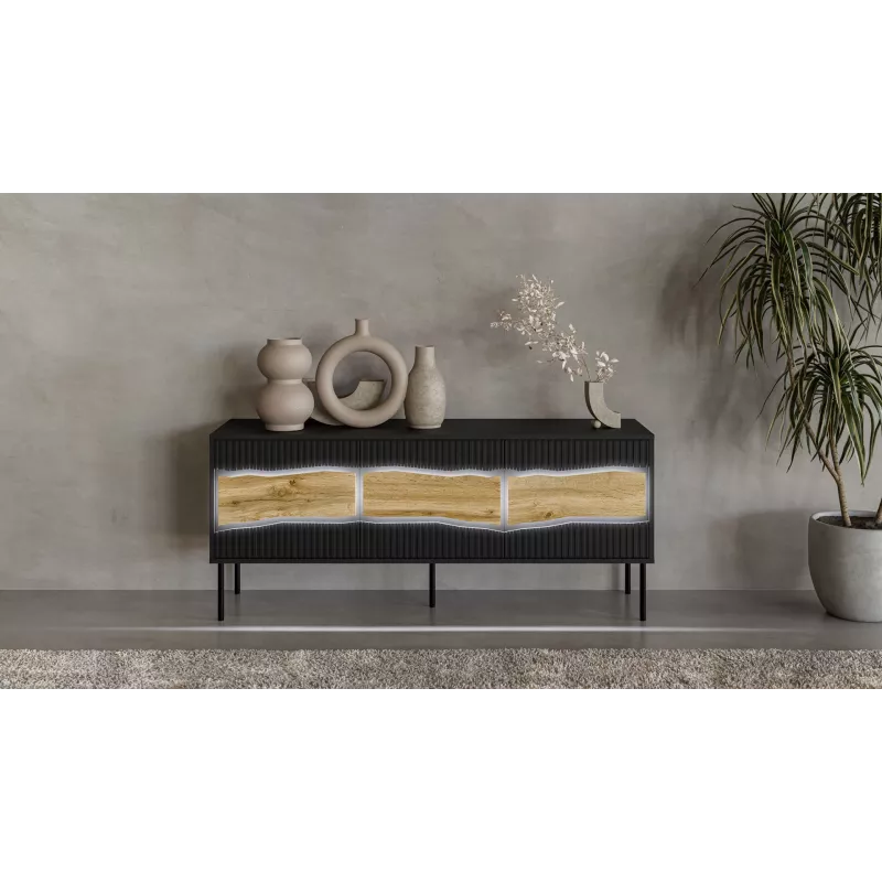 TV skapis cama meble INSERTO 3D 143,5x40x61,5 cm melns ar LED, skaidu plātnes augšdaļa