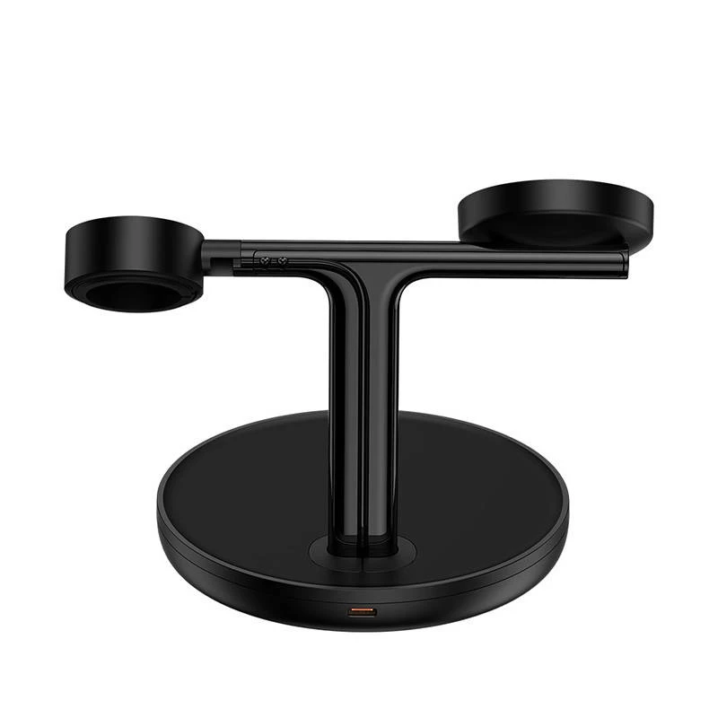 Baseus Swan 3-in-1 bezvadu magnētiskās uzlādes kronšteins 20 W melns (universālā versija; komplektā: USB–Type-C 3 A 1 m)