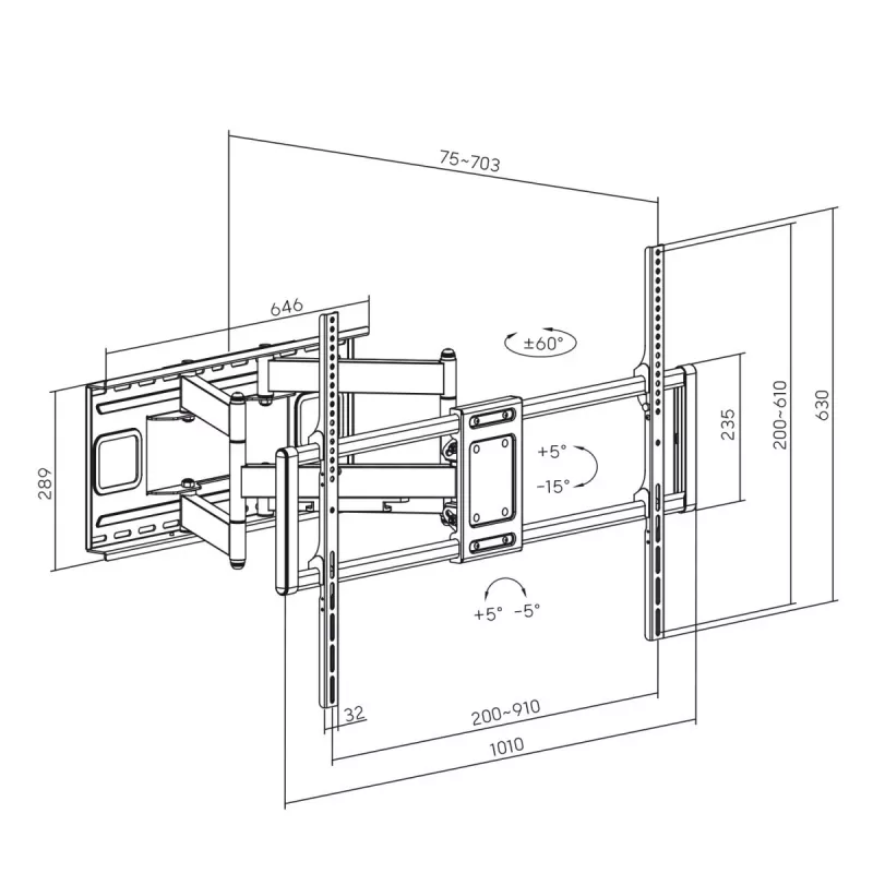 Maclean MC-482 TV sienas stiprinājums 60-120 collu plakanajiem un izliektajiem televizoriem līdz 120 kg max. VESA 900x600 grozāms, slīpums un pagrieziens, universāls TV stiprinājums