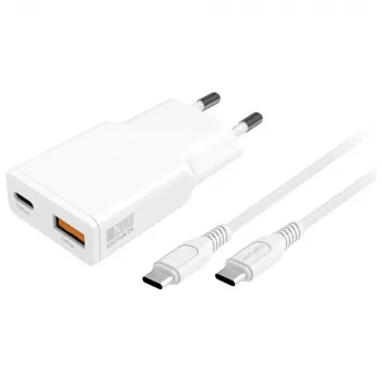 Mobilās ierīces lādētājs 4smarts 541509 — 100–240V, USB-A + USB-C, 1,5 m kabelis, ātrā uzlāde, balts
