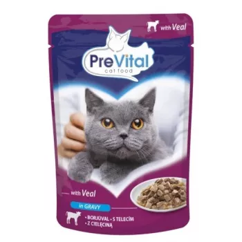 Konservēta slapjā kaķu barība PREVITAL Ar teļa gaļu mērcē 100 g — pieaugušiem kaķiem, 82% mitruma, 9% olbaltumvielu, 5% tauku