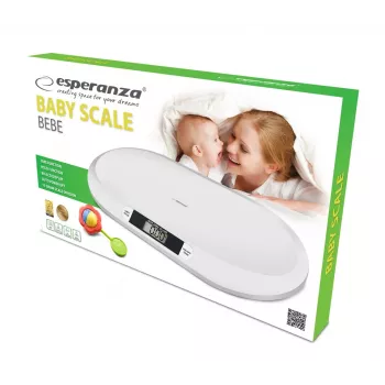 Elektroniskie zīdaiņu svari ESPERANZA EBS019 — ietilpība 0,03–20 kg, iedaļa 0,01 kg, liels 60×25 mm LCD, balts