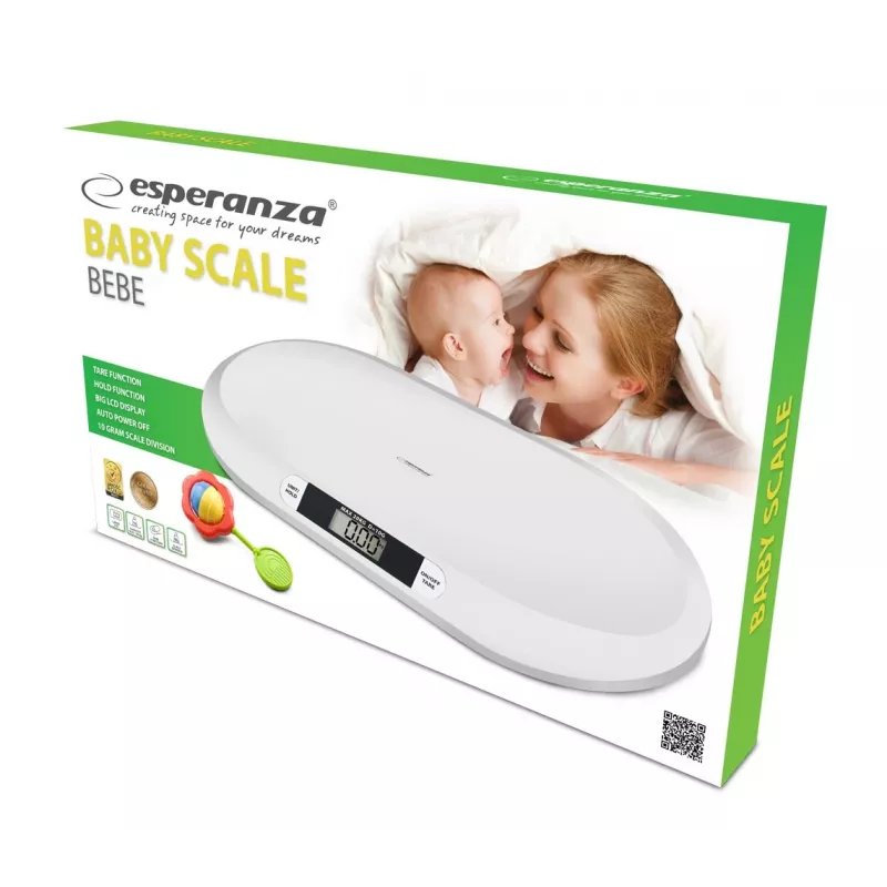 Elektroniskie zīdaiņu svari ESPERANZA EBS019 — ietilpība 0,03–20 kg, iedaļa 0,01 kg, liels 60×25 mm LCD, balts