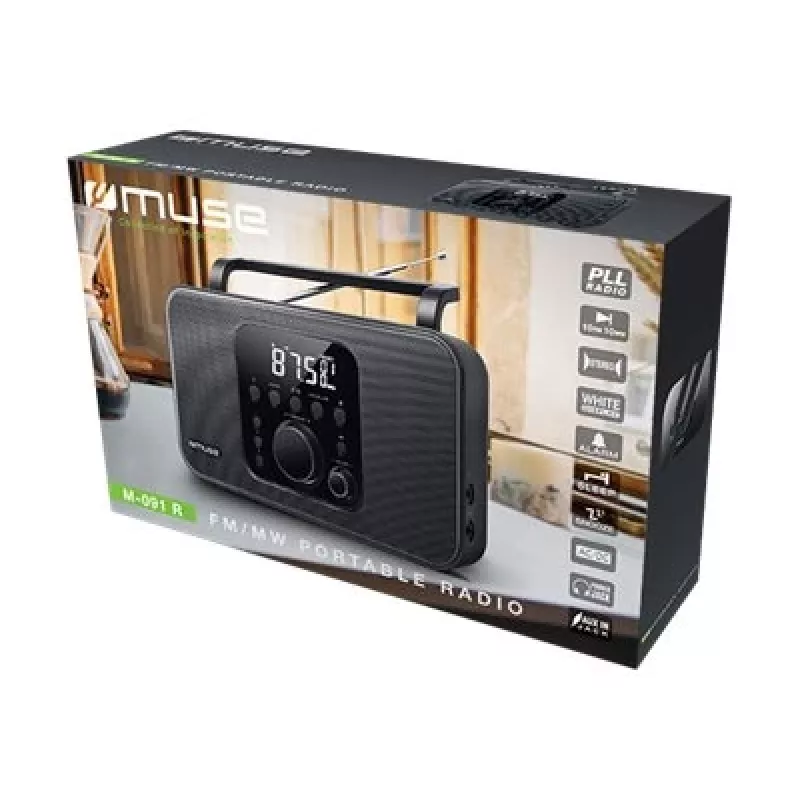 Portatīvais radio Muse M-091 R — FM/AM, LCD displejs, maiņstrāvas vai AA/D bateriju barošana, rotējoša skaļuma regulēšana, 1,1 kg, melns