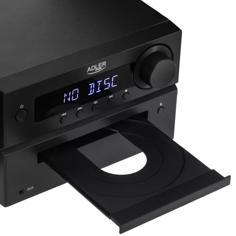 Mini Hi‑Fi stereo sistēma Adler AD 1917 — Bluetooth V5.3, CD/USB/MP3, 2×25W RMS, FM uztvērējs, 4 joslu EQ, AUX, melna