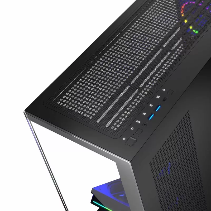 PC korpuss MODECOM Volcano Stellar 5F ATX Midi Tower, rūdīts stikls, 5 iepriekš uzstādīti ventilatori, USB‑C, atbalsta microATX/ATX, maks. GPU 420 mm, CPU dzesētāja augstums 175 mm