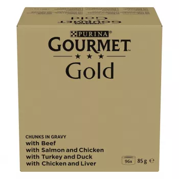 Mitrās kaķu barības multipaka Purina Nestlé GOURMET Gold gabaliņi mērcē — 96 x 85 g, 8,16 kg, 4 garšu sajaukums