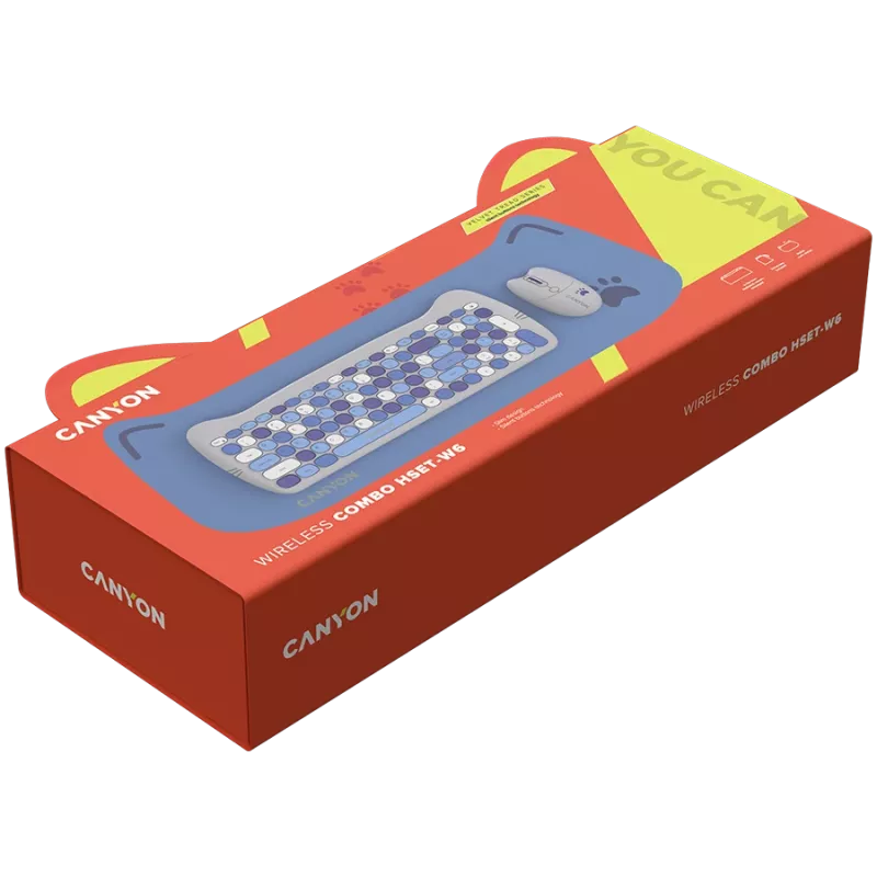 Bezvadu tastatūras un peles komplekts CANYON HSET-W6 Kitty Edition AAA AA Zils