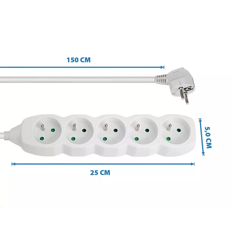 Strāvas pagarinātājs ESPERANZA ELK207W — 1,5 m kabelis, 5 E tipa maiņstrāvas ligzdas, iekštelpām, 220–250 V