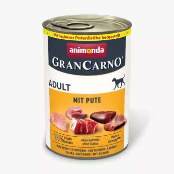 Mitrā suņu barība animonda GranCarno Adult Turcija 400 g — bez graudaugiem, proteīns 10,5%, mitrums 79%