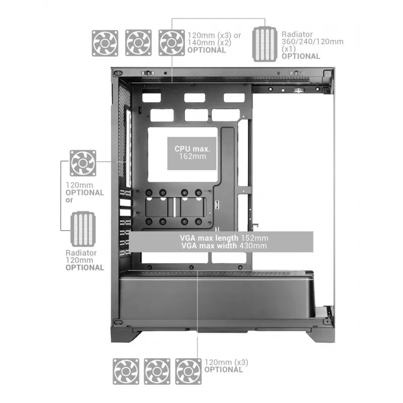 TACENS Mars Gaming MCPRISMA Midi Tower datora korpuss, melns, rūdītais stikls, atbalsta ATX/Micro-ATX/Mini-ITX, 2x3,5 collu + 2x2,5 collu nodalījumi
