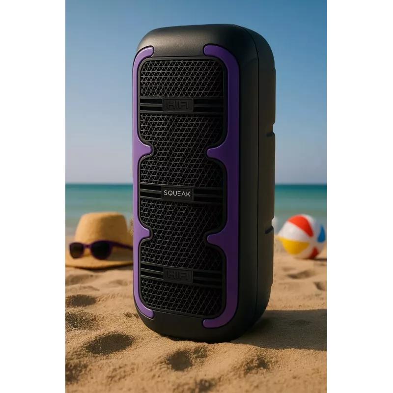 Pārnēsājams stereo skaļrunis SQUEAK SQ1009 — Bluetooth 5.3, 45 W RMS, 10 stundu akumulators, FM, USB, AUX, LED, 1800 mAh, melns
