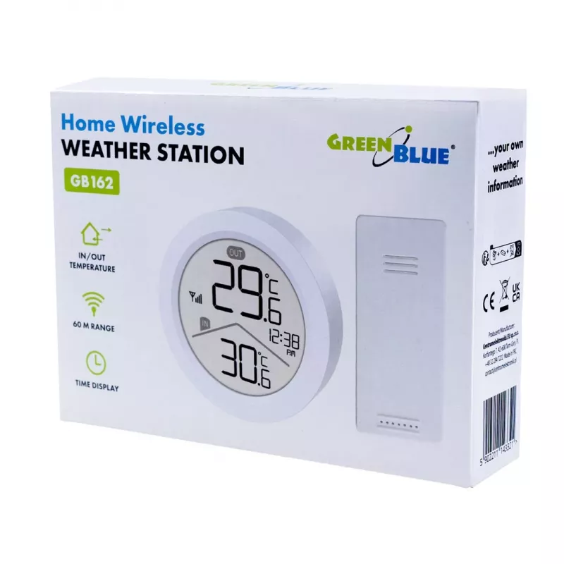 GreenBlue bezvadu laikapstākļu stacija, IEKŠĀ/ĀRĀ temperatūra, pulkstenis, °C/°F izvēle, darbības rādiuss līdz 60 m, GB162