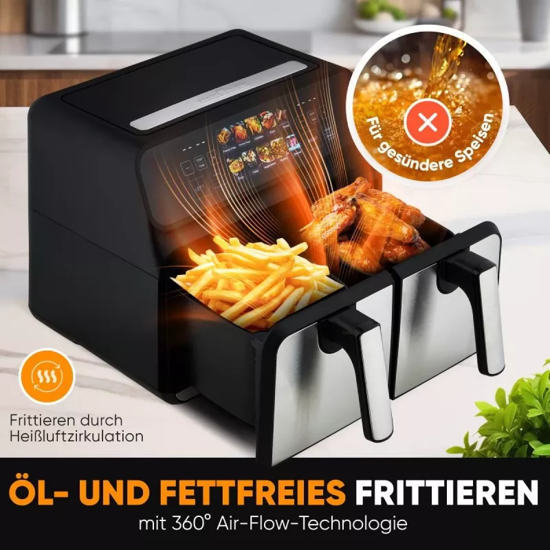 Karstā gaisa fritieris ProfiCook PC-FR 1287 H — dubultā 8 L, 2200 W, skārienjūtīgs LED, melns/nerūsējošais tērauds