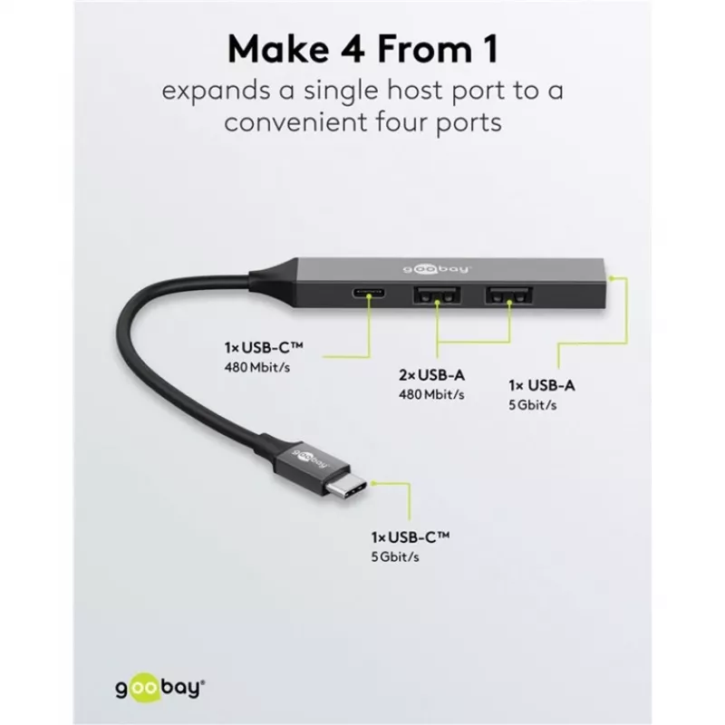 Goobay Slim 4 portu USB centrmezgls, USB-C™ uz USB-C™/USB-A, USB 3.2 (74459)