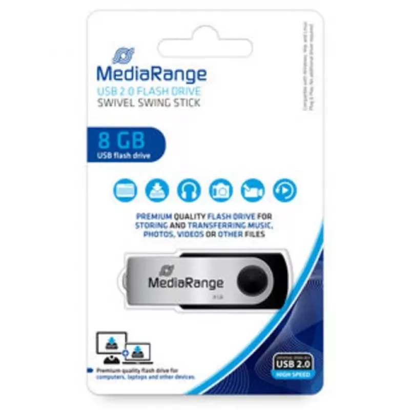 MediaRange MR908NTRL USB zibatmiņa 8 GB USB Type-A 2.0 Melns - Sudraba krāsa (MR908NTRL)