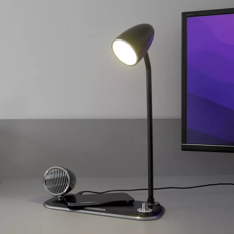 Galda lampa Tellur TLL151361 ar bezvadu Qi lādētāju un Bluetooth skaļruni, regulējams apgaismojums