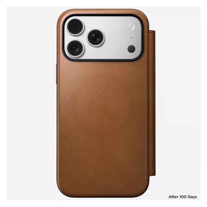 Mobilo tālruņu apvalks Nomad Modern Leather Folio vāciņš iPhone 17 Pro Max — brūngans, der līdz 17,5 cm (6,9 collu) ekrānam, 4 karšu kabatas