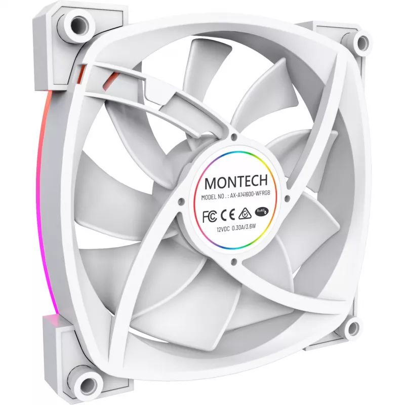 Datora korpusa ventilators Montech AX140 PWM 140 mm, šautenes gultnis, 540–1760 RPM, balts