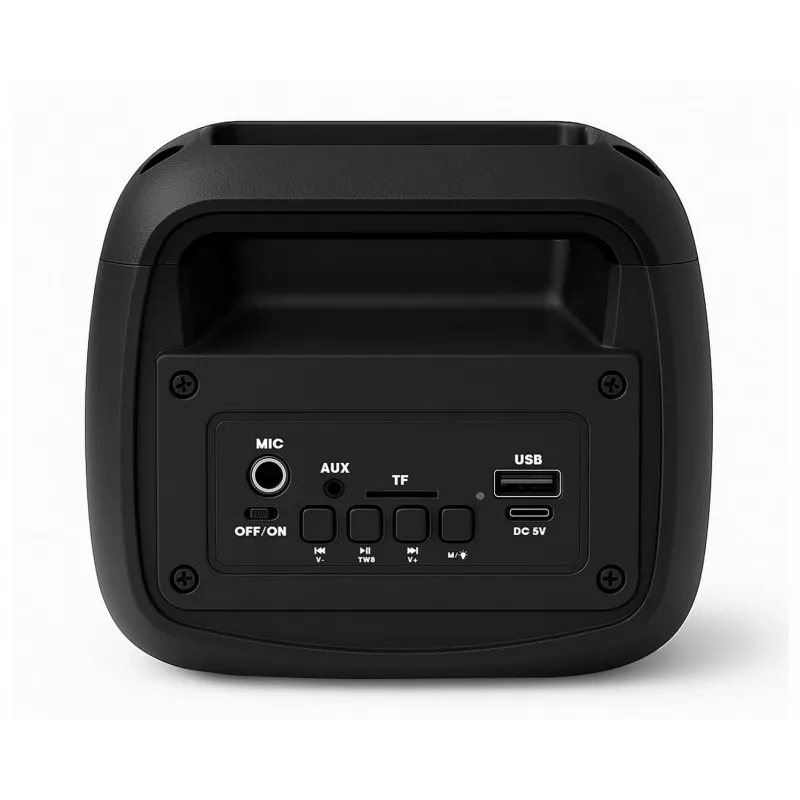 Pārnēsājams stereo skaļrunis SQUEAK SQ1009 — Bluetooth 5.3, 45 W RMS, 10 stundu akumulators, FM, USB, AUX, LED, 1800 mAh, melns