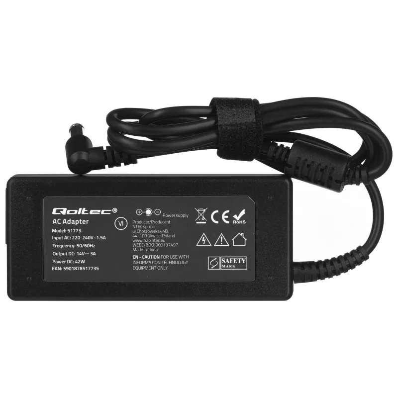 Mobilo ierīču lādētājs QOLTEC 51773, 42W, 14V 3A, ieeja 220–240V 50/60Hz, melns, 1,19m kabelis