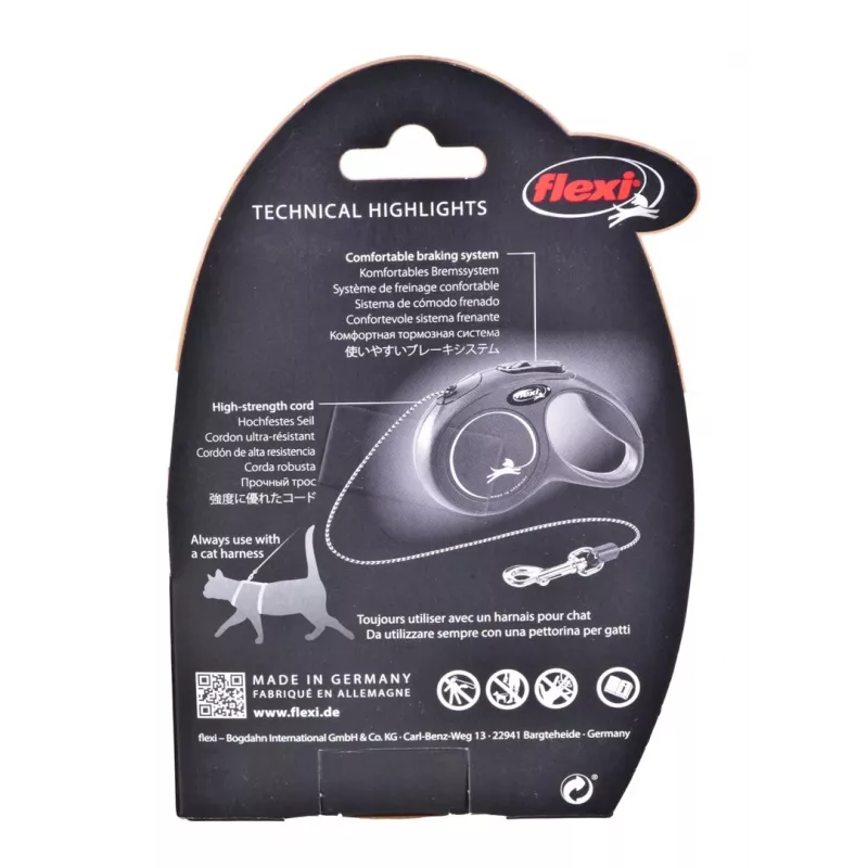 Izvelkamā siksna Flexi New Classic Cat XS 3 m — auklas pavada maziem mājdzīvniekiem, melna, maksimālā slodze 8 kg