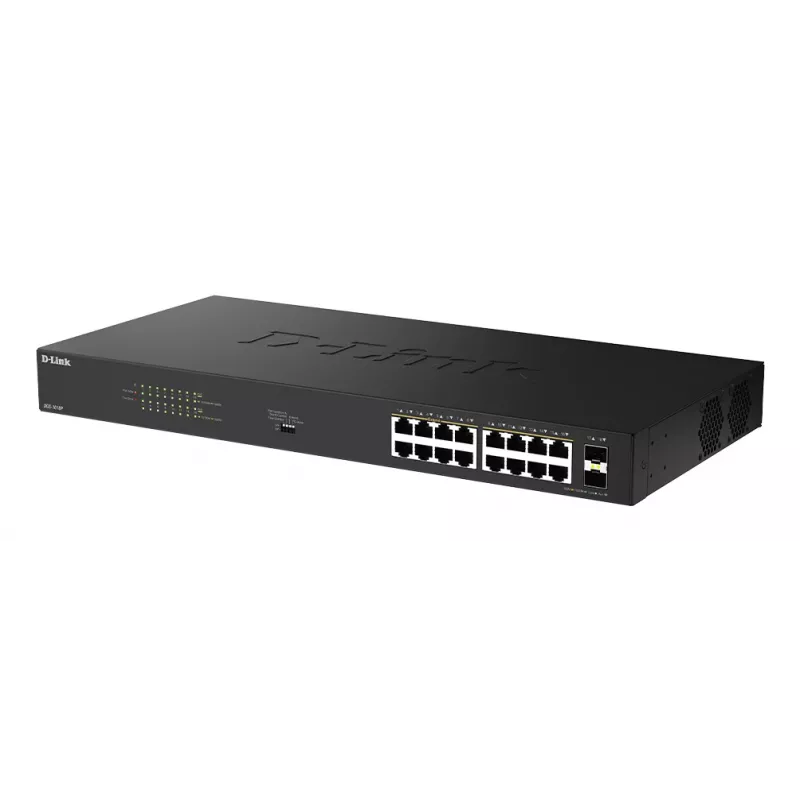 D-Link 18-portu gigabitu nevadāms PoE slēdzis DGS-1018P/E — 16 x gigabitu RJ-45, PoE (IEEE 802.3af/at), 36 Gbit/s komutācijas jauda