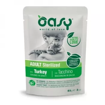 Oasy Gabaliņi mērcē pieaugušiem sterilizētiem kaķiem ar tītaru 85g