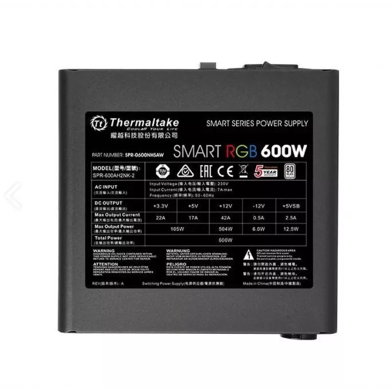 Thermaltake SMART RGB PS-SPR-0600NHSAWE-1 - Barošanas bloks (iekšējais) - ATX12V 2.3 - 80 PLUS - Maiņstrāva 230 V - 600 W - aktīvā PFC - Melns