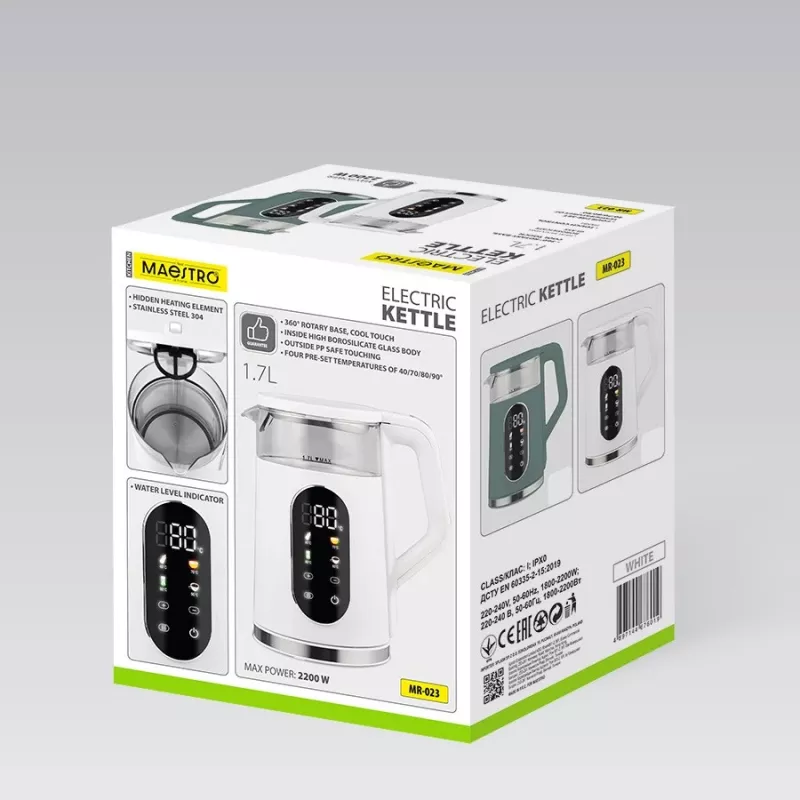 Elektriskā tējkanna Maestro MR-023-balta, 1,7 l tilpums, 2220 W jauda